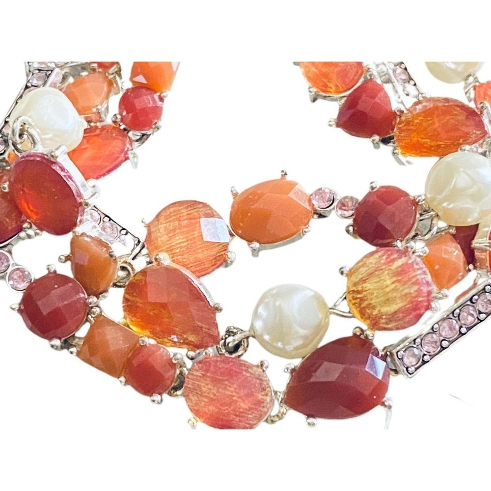 Beautiful multi strand orange stone and rhinestone silver bracelet